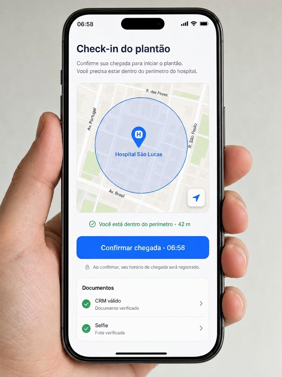 Tela de check-in do plantão com mapa e perímetro geográfico