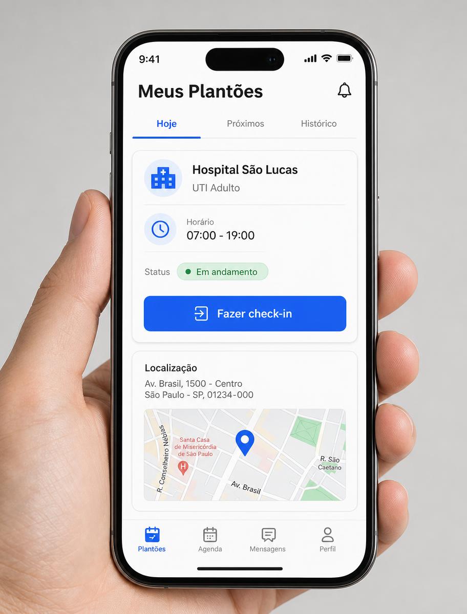 Tela Meus Plantões do app Medflow com plantão em andamento