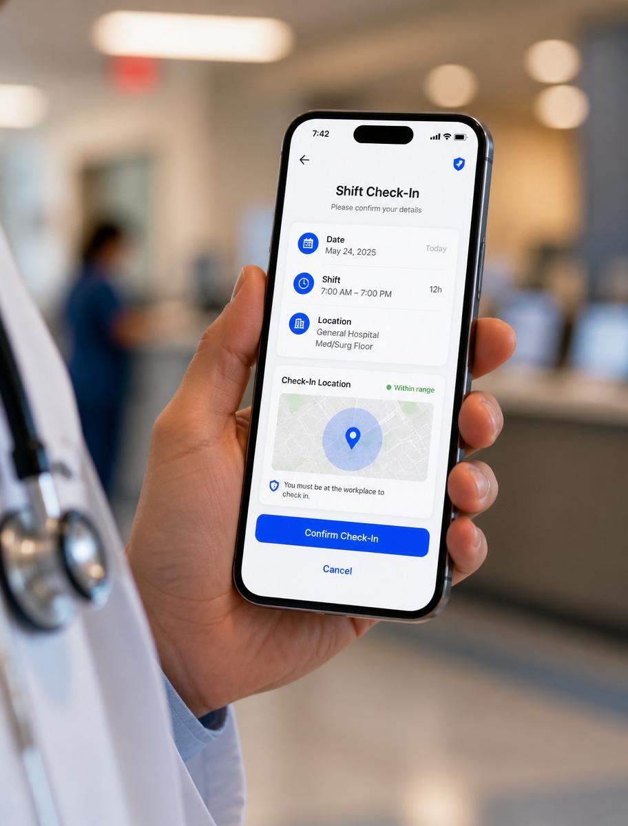 Aplicativo do médico exibindo check-in de plantão